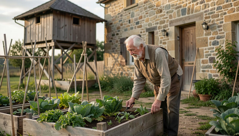Horticultor cuidando una huerta junto a una casa de piedra con horreo tradicional gallego.