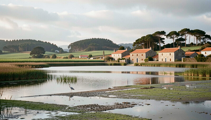 Garza en una marisma de ría con juncos y una aldea de casas de piedra con tejados de teja al fondo bajo nubes atlánticas.