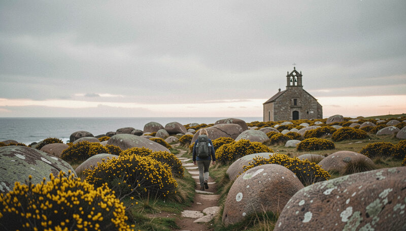 Caminante con mochila por un sendero de costa entre tojo amarillo y bolos de granito, con una capilla de piedra junto al mar al fondo.