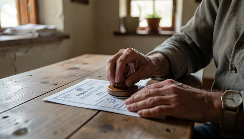 Manos sellando una credencial de papel del peregrino sobre una mesa de madera en un albergue.