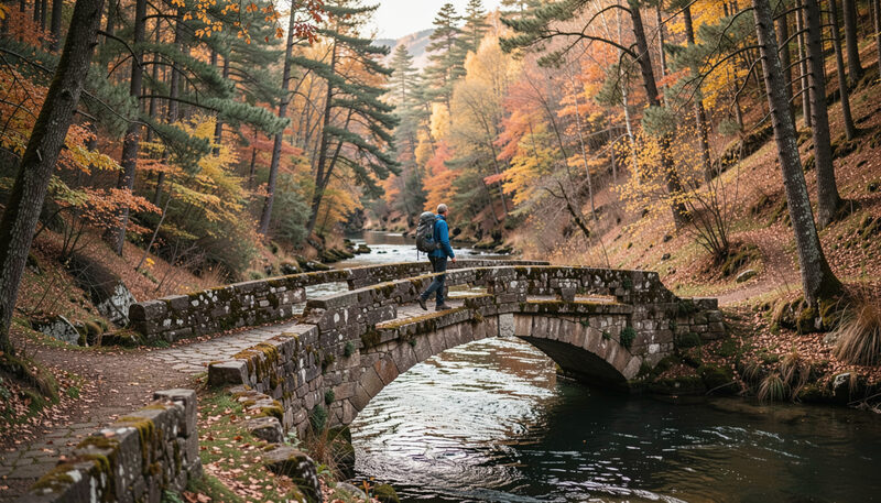 Caminante cruzando un puente viejo de piedra sobre un rio de bosque a la salida de Santiago.