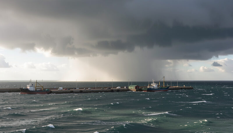Nubes oscuras de tormenta y lluvia sobre el Atlantico con un puerto pesquero debajo.